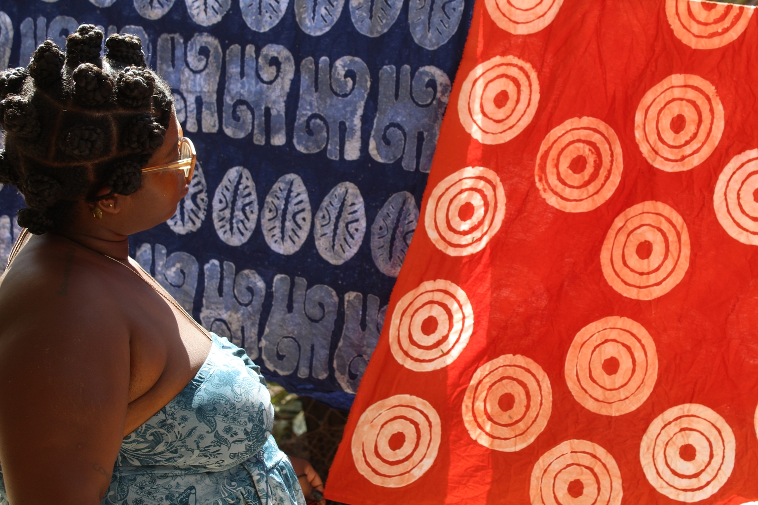 Red and blue patterned batik cloth close up